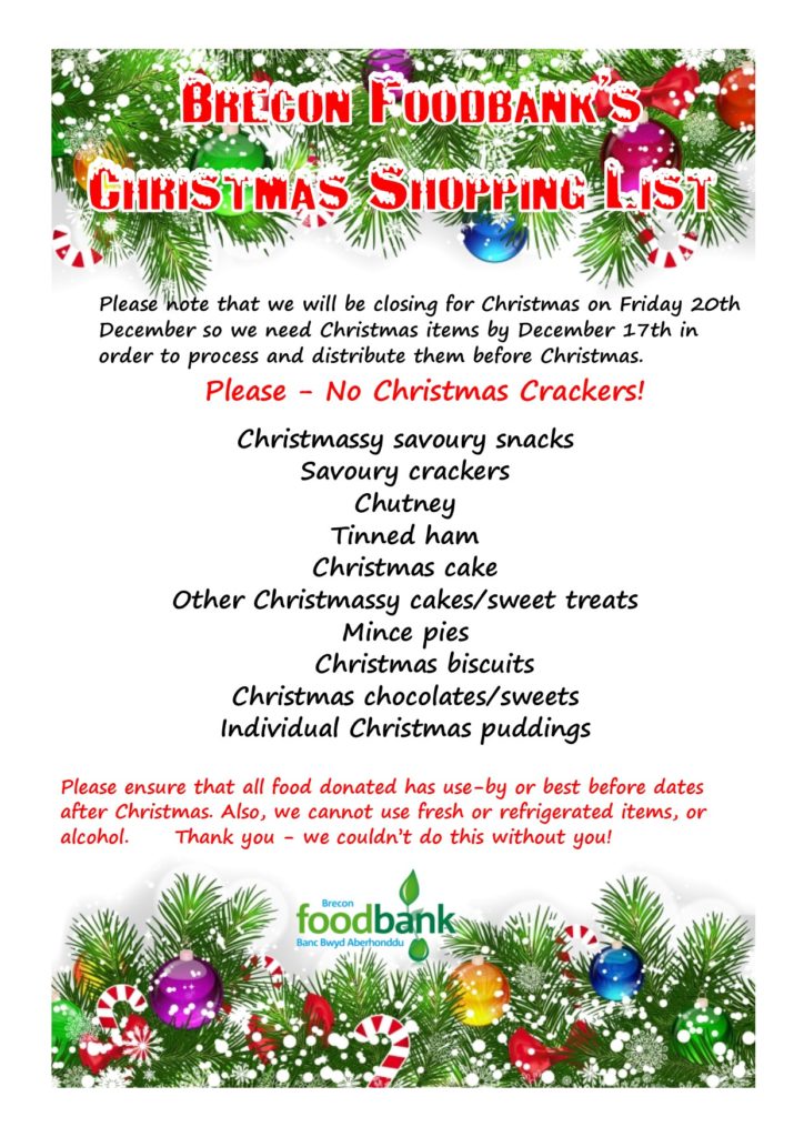 Christmas Shopping List and Parcels  Brecon Foodbank